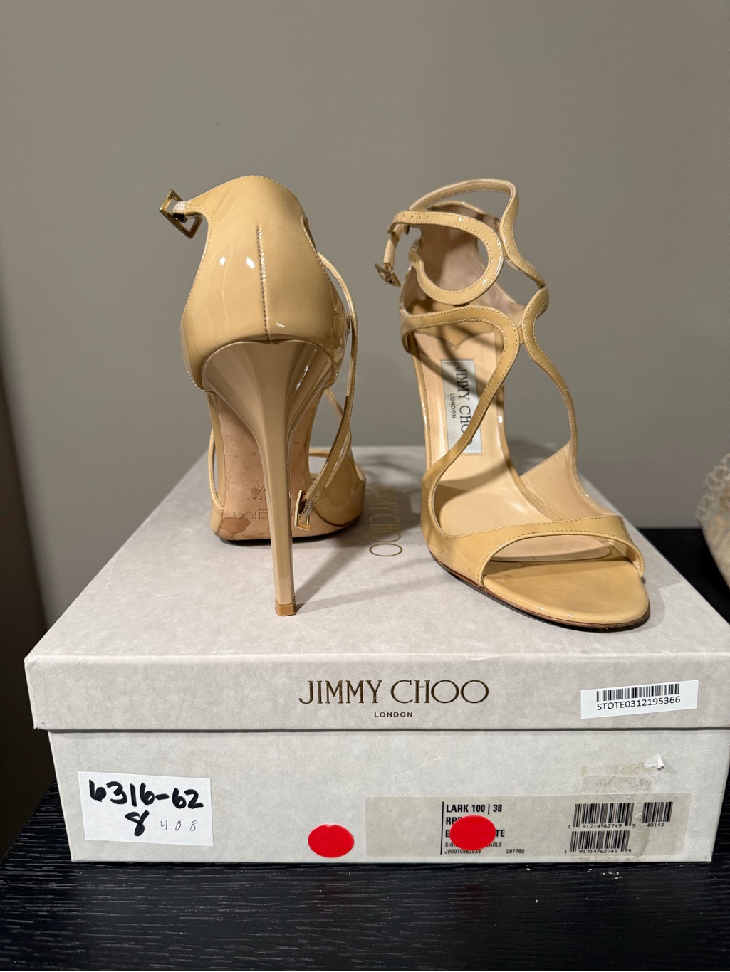 Jimmy Choo Nude Patent Leather Strappy Stiletto Sandals